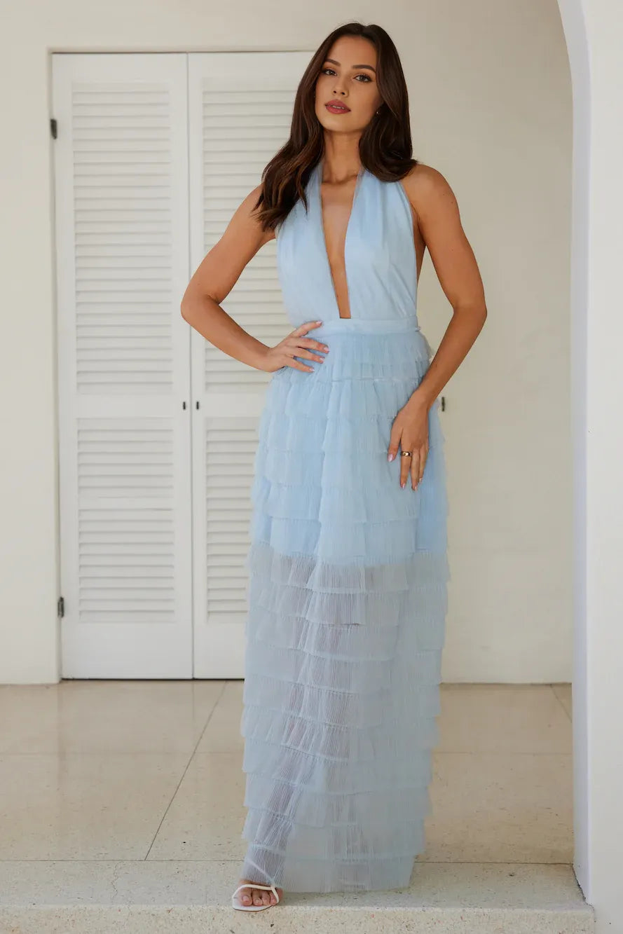 Discount Halter Tie Tiered Ruffle Mesh Blue Maxi Prom Dress For Women Custom