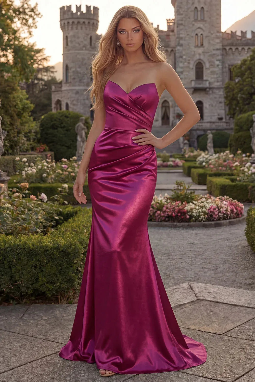 Discount Mermaid Strapless Ruched Satin Fuchsia Long Prom Dress Custom