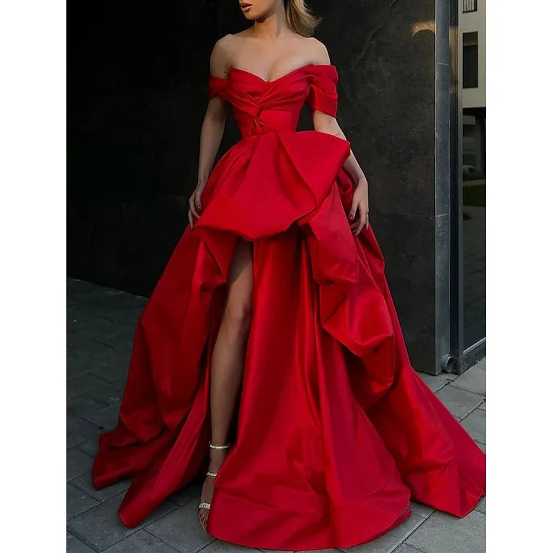 Dramatic Ball Gown Off-the-shoulder Cap-sleeved Ruffled Red Maxi Prom Dress for Women Custom