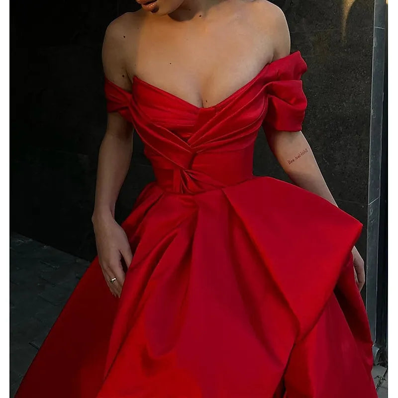 Dramatic Ball Gown Off-the-shoulder Cap-sleeved Ruffled Red Maxi Prom Dress for Women Custom
