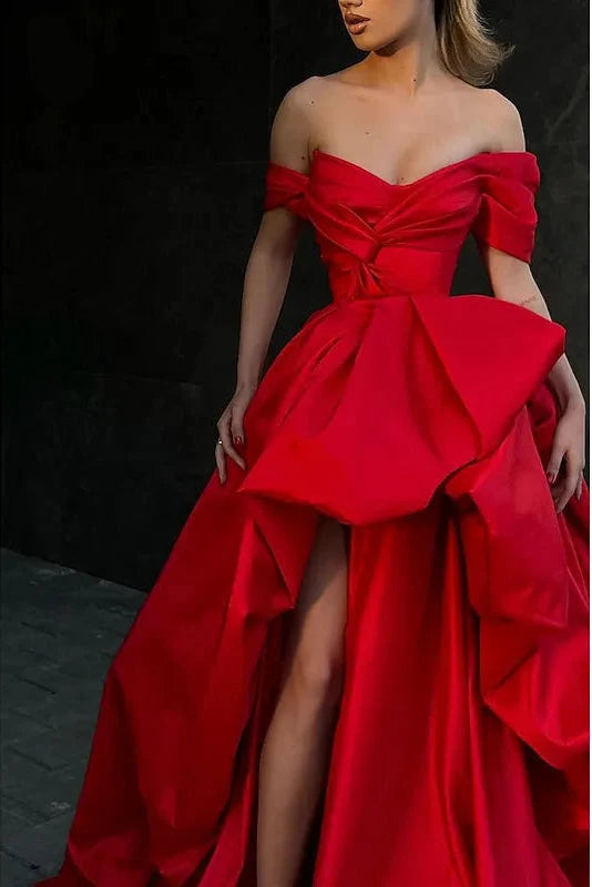 Dramatic Ball Gown Off-the-shoulder Cap-sleeved Ruffled Red Maxi Prom Dress for Women Custom