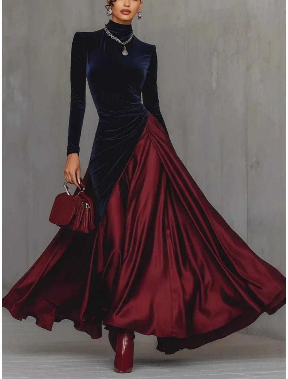 Dramatic High Neck Long Sleeve Color-Blocked Navy & Burgundy Maxi Prom Dress for Women Custom