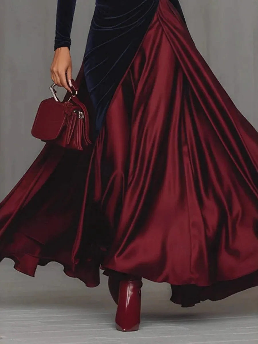Dramatic High Neck Long Sleeve Color-Blocked Navy & Burgundy Maxi Prom Dress for Women Custom