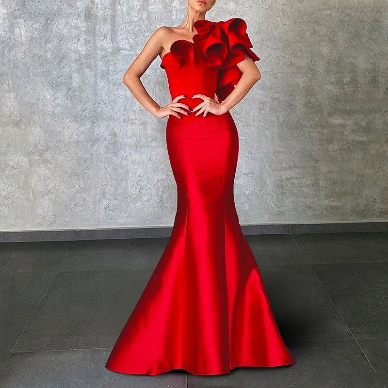 Dramatic Mermaid One-shoulder Sleeveless Ruffled Red Maxi Prom Dress for Women Hot Sale