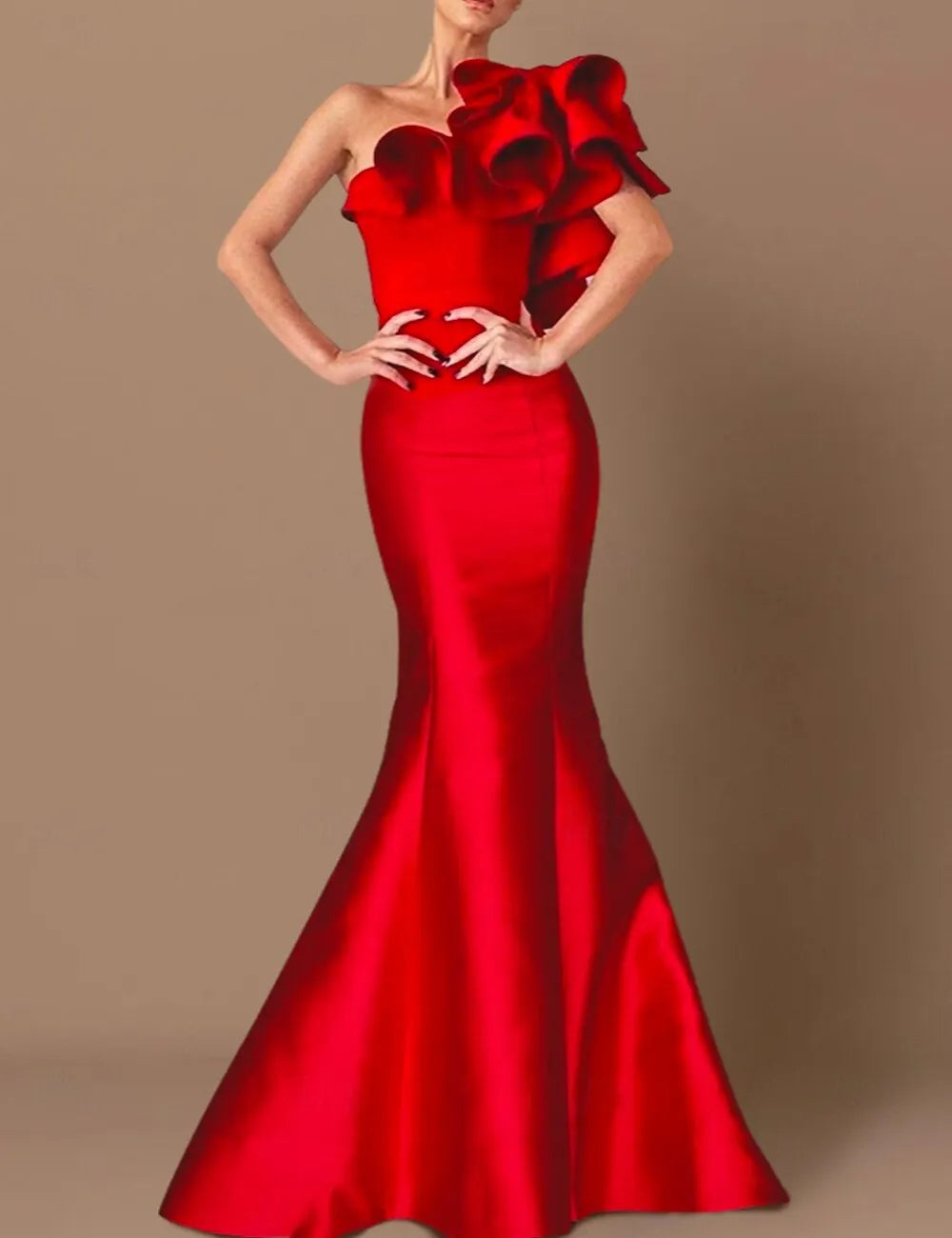 Dramatic Mermaid One-shoulder Sleeveless Ruffled Red Maxi Prom Dress for Women Hot Sale
