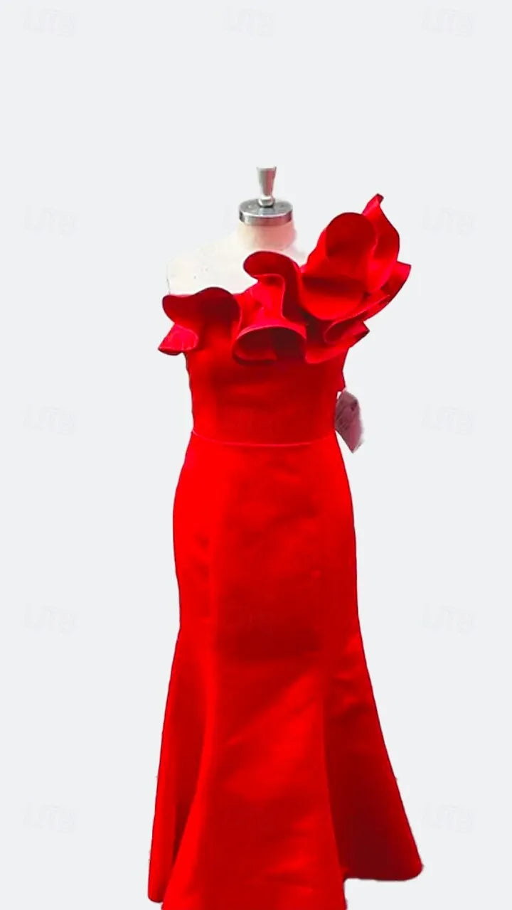 Dramatic Mermaid One-shoulder Sleeveless Ruffled Red Maxi Prom Dress for Women Hot Sale