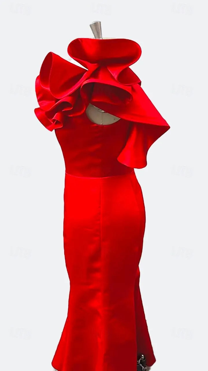 Dramatic Mermaid One-shoulder Sleeveless Ruffled Red Maxi Prom Dress for Women Hot Sale