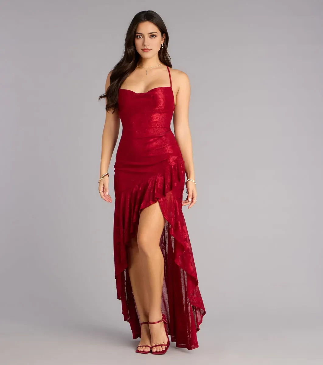 Dramatic Mermaid Sweetheart Spaghetti Strap Crisscross Back Tiered Ruffle Floor-Length Slit Prom Dress