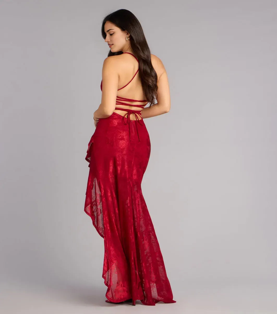 Dramatic Mermaid Sweetheart Spaghetti Strap Crisscross Back Tiered Ruffle Floor-Length Slit Prom Dress