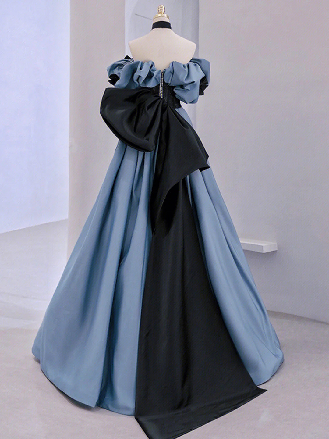 Dramatic Off-the-Shoulder Bow Dusty Blue Floor-Length Party Dress