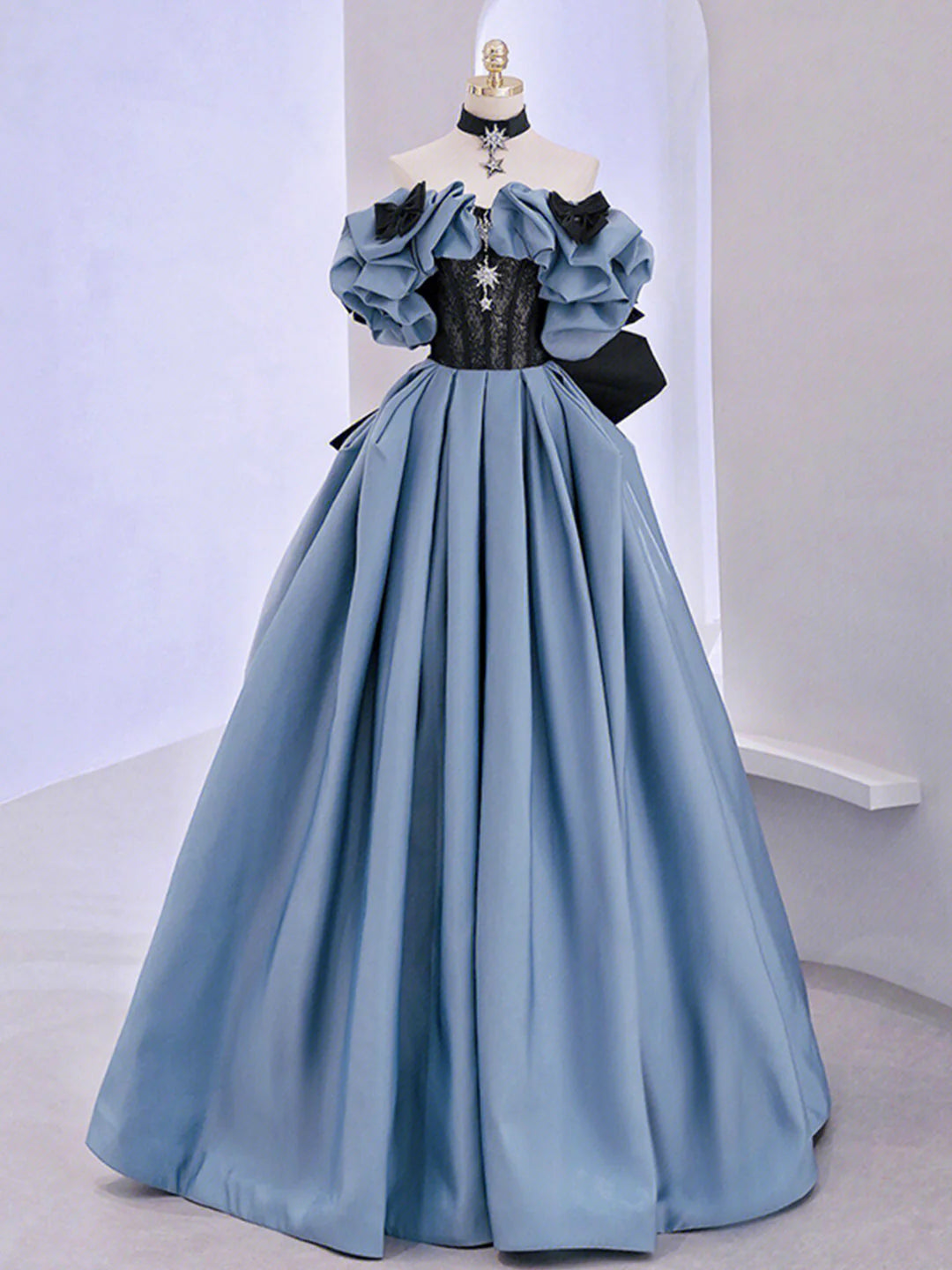 Dramatic Off-the-Shoulder Bow Dusty Blue Floor-Length Party Dress