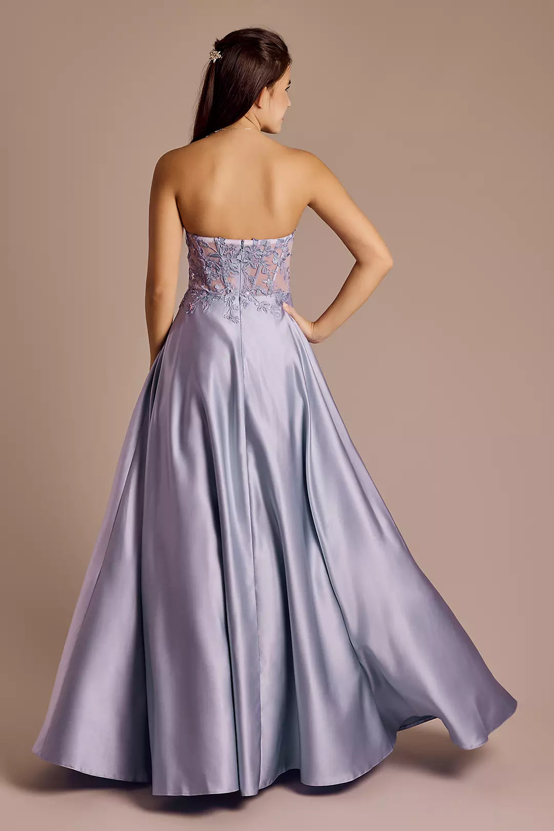 Draped Strapless Satin Appliqued prom dresses