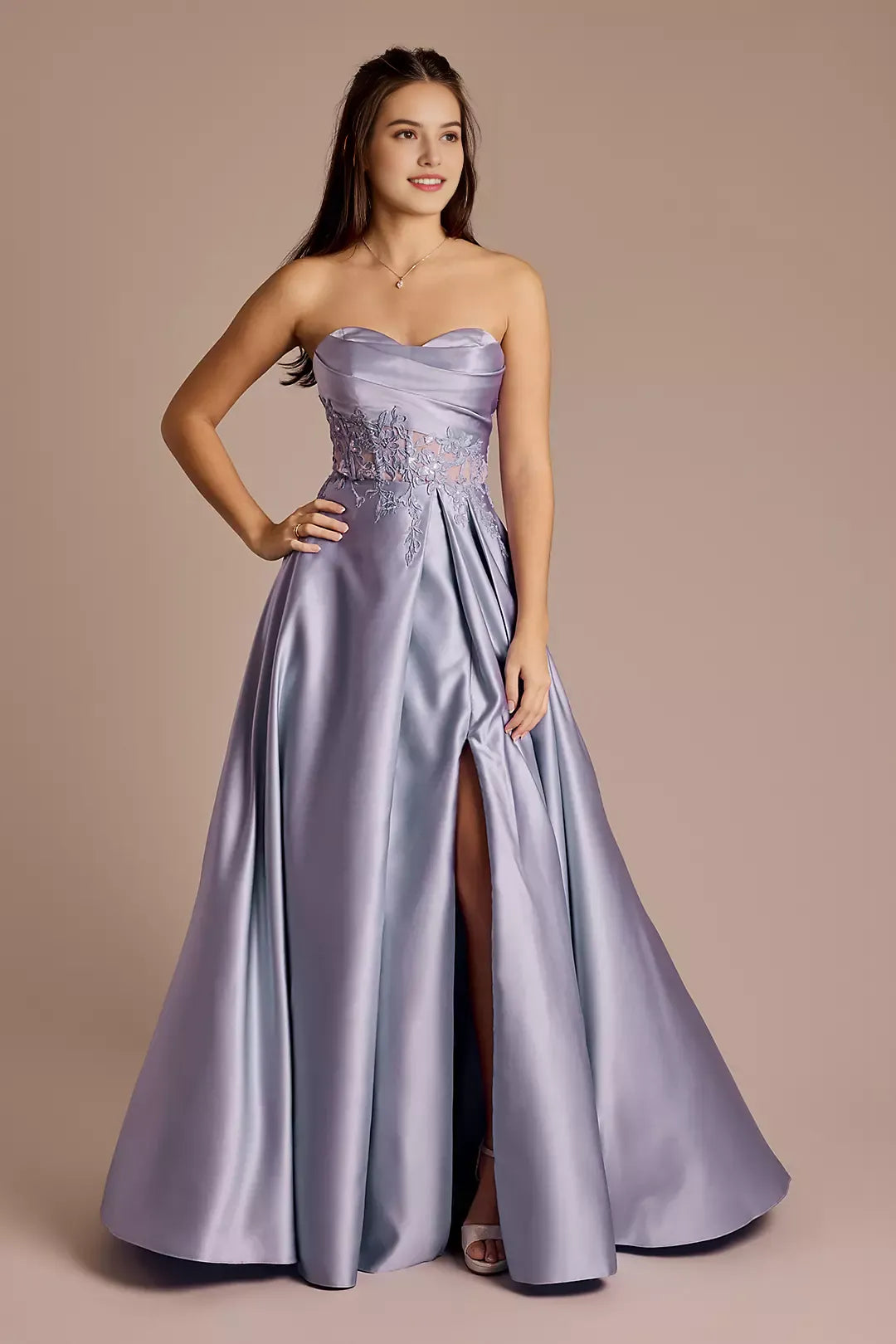 Draped Strapless Satin Appliqued prom dresses