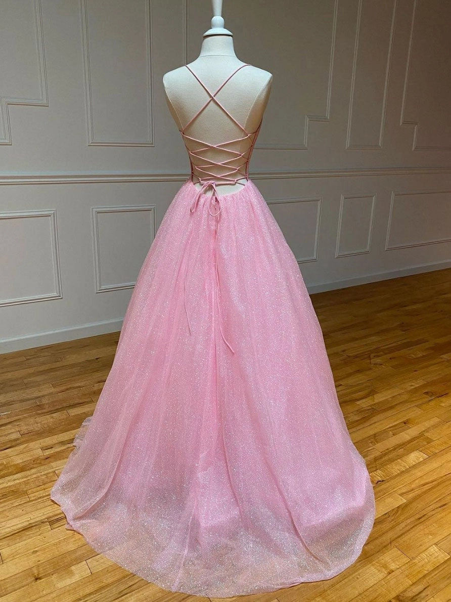 Dreamy A-Line V-Neck Sleeveless Glitter Pink Floor-Length Prom Dress