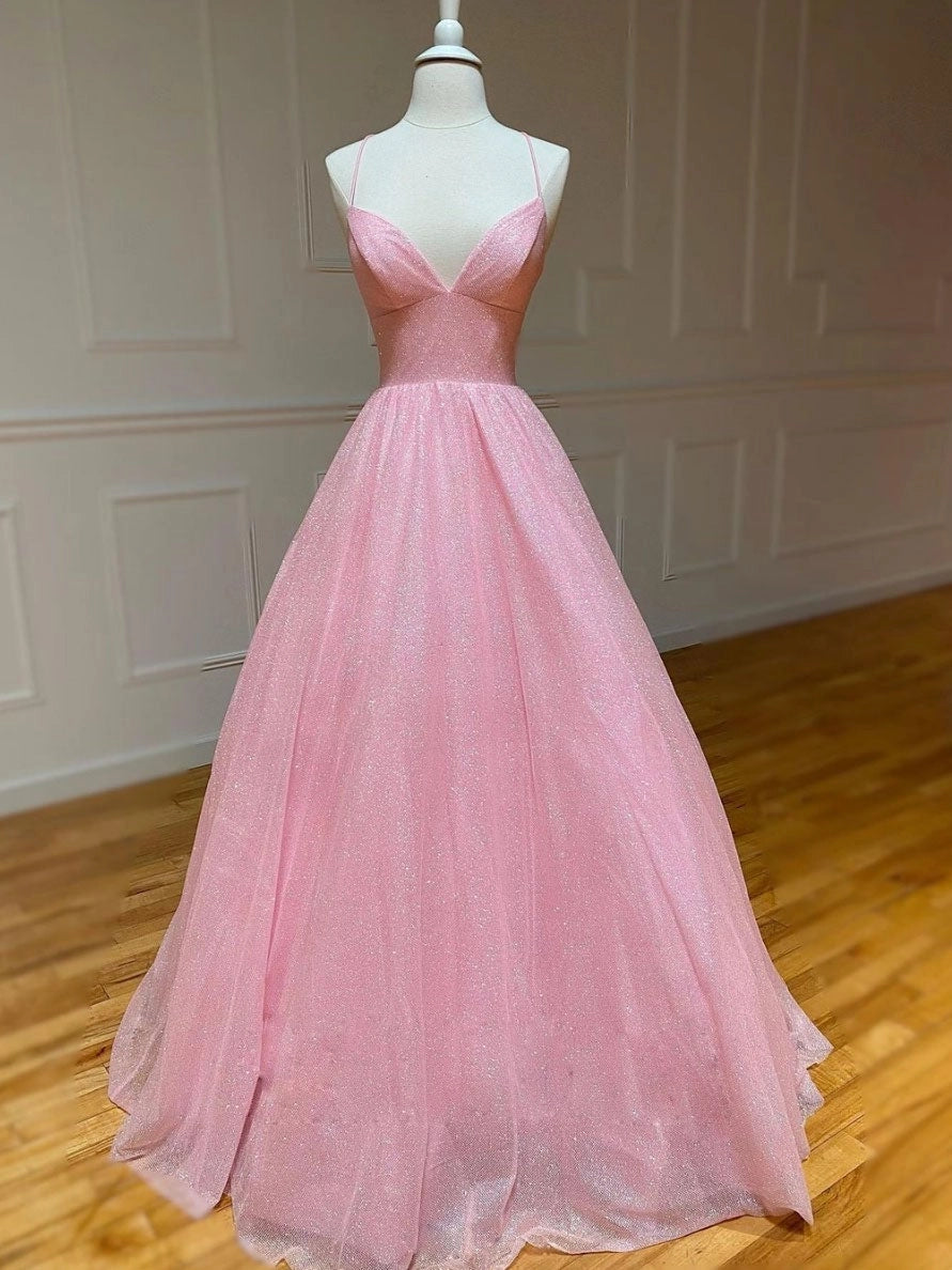 Dreamy A-Line V-Neck Sleeveless Glitter Pink Floor-Length Prom Dress