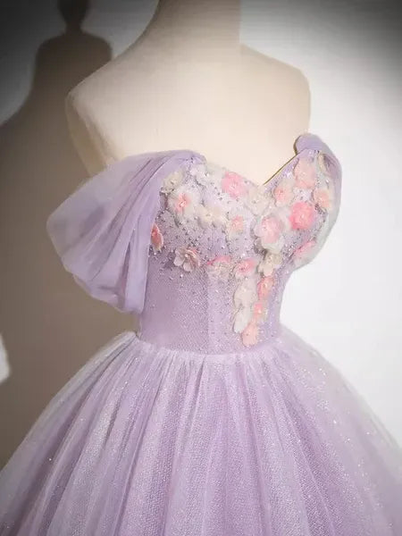 Dreamy Ball Gown Off Shoulder Floral Appliques Glitter Lavender Long Prom Dress