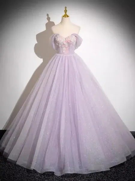 Dreamy Ball Gown Off Shoulder Floral Appliques Glitter Lavender Long Prom Dress