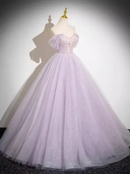 Dreamy Ball Gown Off Shoulder Floral Appliques Glitter Lavender Long Prom Dress