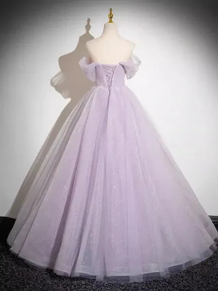 Dreamy Ball Gown Off Shoulder Floral Appliques Glitter Lavender Long Prom Dress