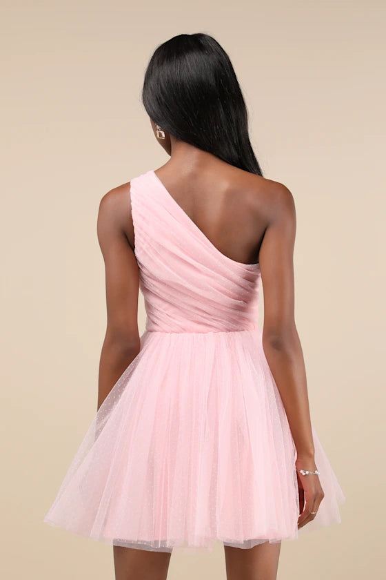 Dreamy Blush Pink One - Shoulder Tulle Homecoming Dress with Dotted Detailing Flowy Tiered Skirt & Elegant Ruched Bodice  Perfect for Teen School Dances Formal Occasions Creating Unforgettable Memories