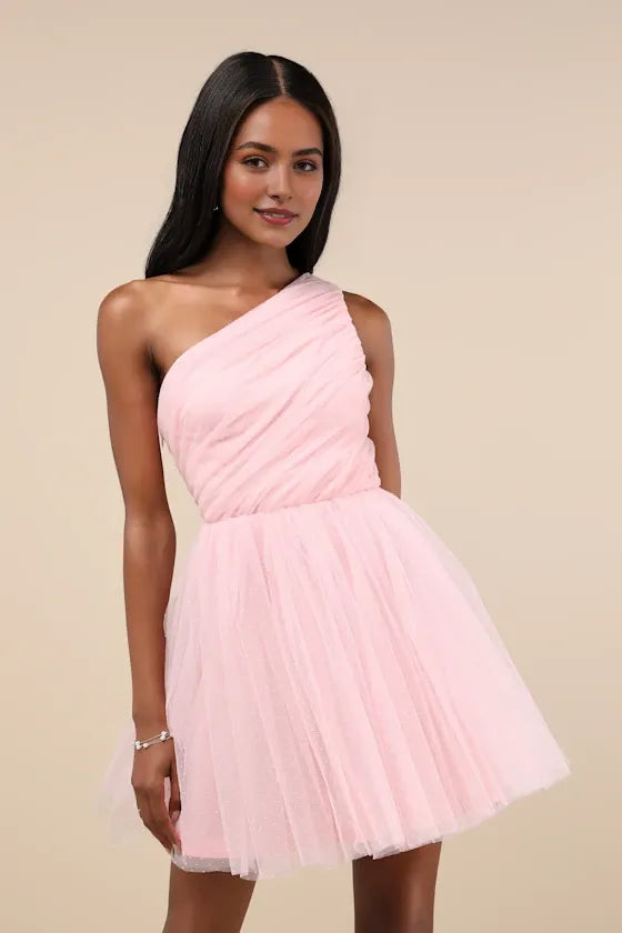 Dreamy Blush Pink One - Shoulder Tulle Homecoming Dress with Dotted Detailing Flowy Tiered Skirt & Elegant Ruched Bodice  Perfect for Teen School Dances Formal Occasions Creating Unforgettable Memories
