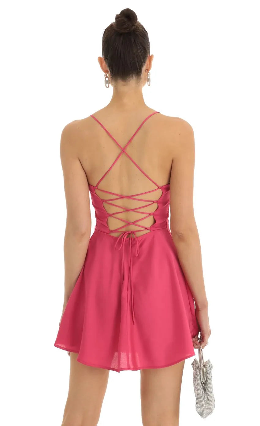 Dreamy Hot Pink Satin Homecoming Dress Spaghetti Straps Sweetheart Neckline and Flared Mini Skirt  Ideal for Homecoming