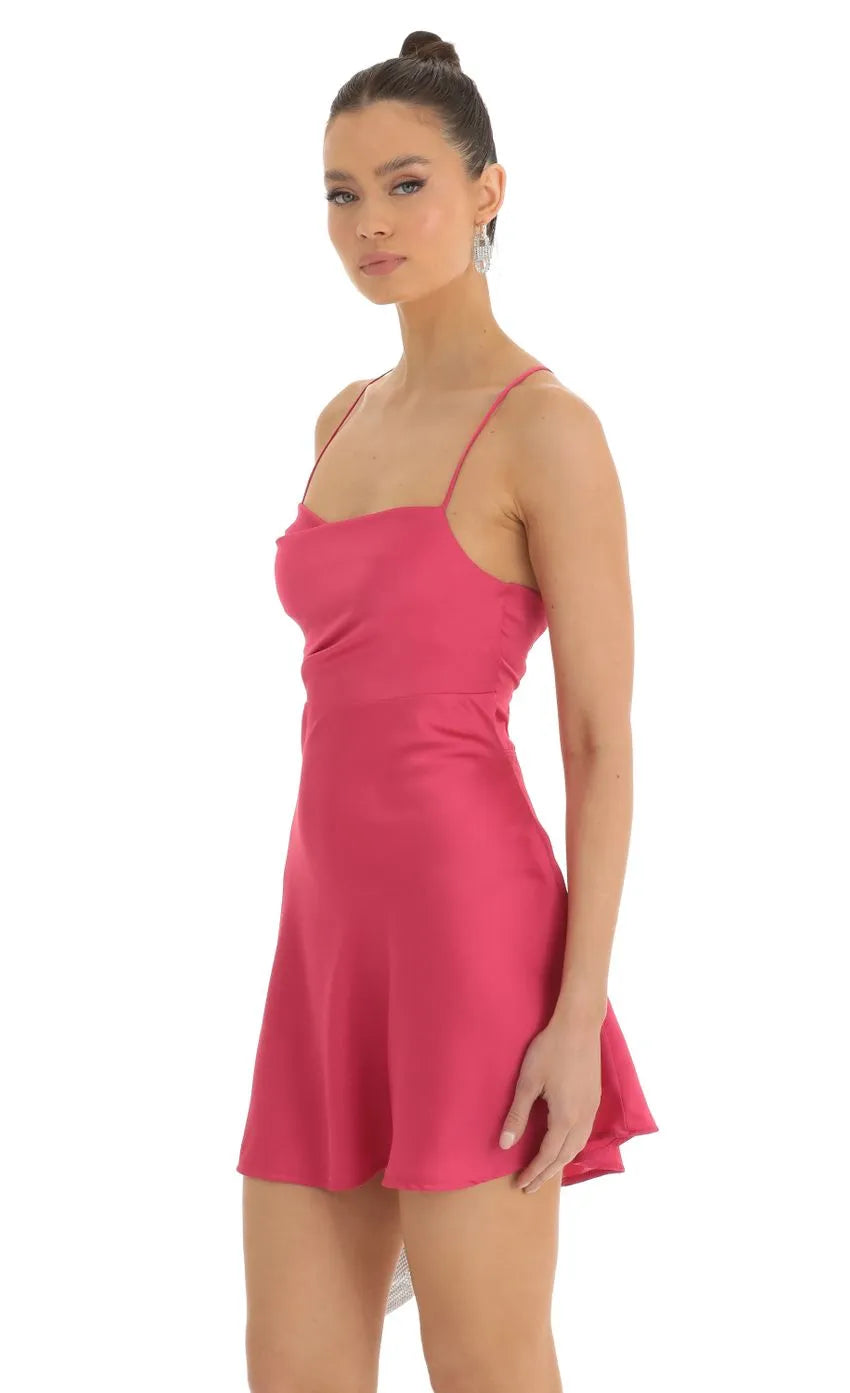 Dreamy Hot Pink Satin Homecoming Dress Spaghetti Straps Sweetheart Neckline and Flared Mini Skirt  Ideal for Homecoming