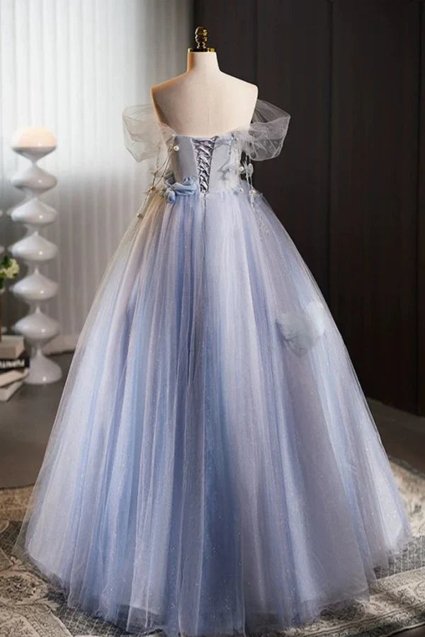 Dreamy Off-the-Shoulder Floral-Appliquéd Light Blue Glitter Tulle Prom Dresses
