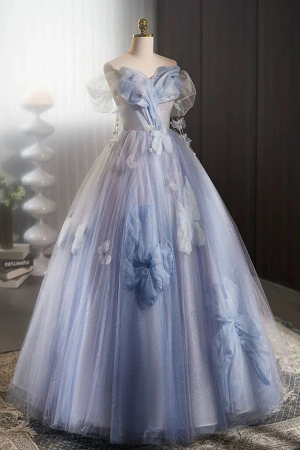 Dreamy Off-the-Shoulder Floral-Appliquéd Light Blue Glitter Tulle Prom Dresses