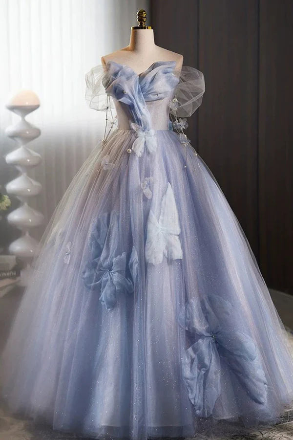 Dreamy Off-the-Shoulder Floral-Appliquéd Light Blue Glitter Tulle Prom Dresses