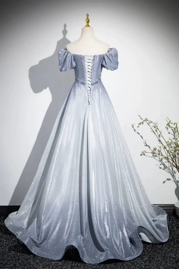 Dreamy Off-the-Shoulder Short-Sleeved Ombre Glitter Silver Party Dresses