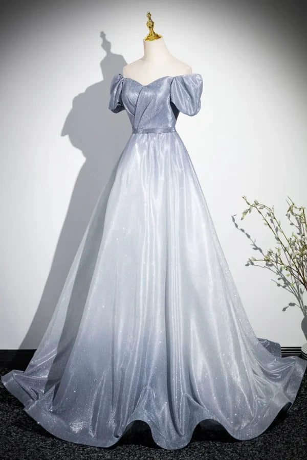 Dreamy Off-the-Shoulder Short-Sleeved Ombre Glitter Silver Party Dresses