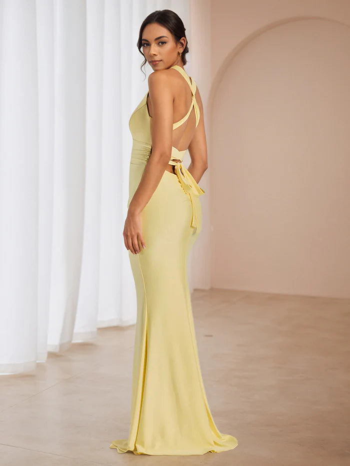 Dreamy Yellow Ball Gown Plunge V Neck Ruched Detail Dramatic Fit for Romantic Proms