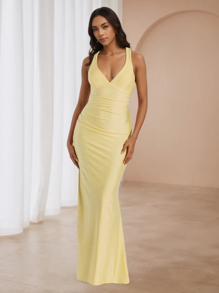 Dreamy Yellow Ball Gown Plunge V Neck Ruched Detail Dramatic Fit for Romantic Proms