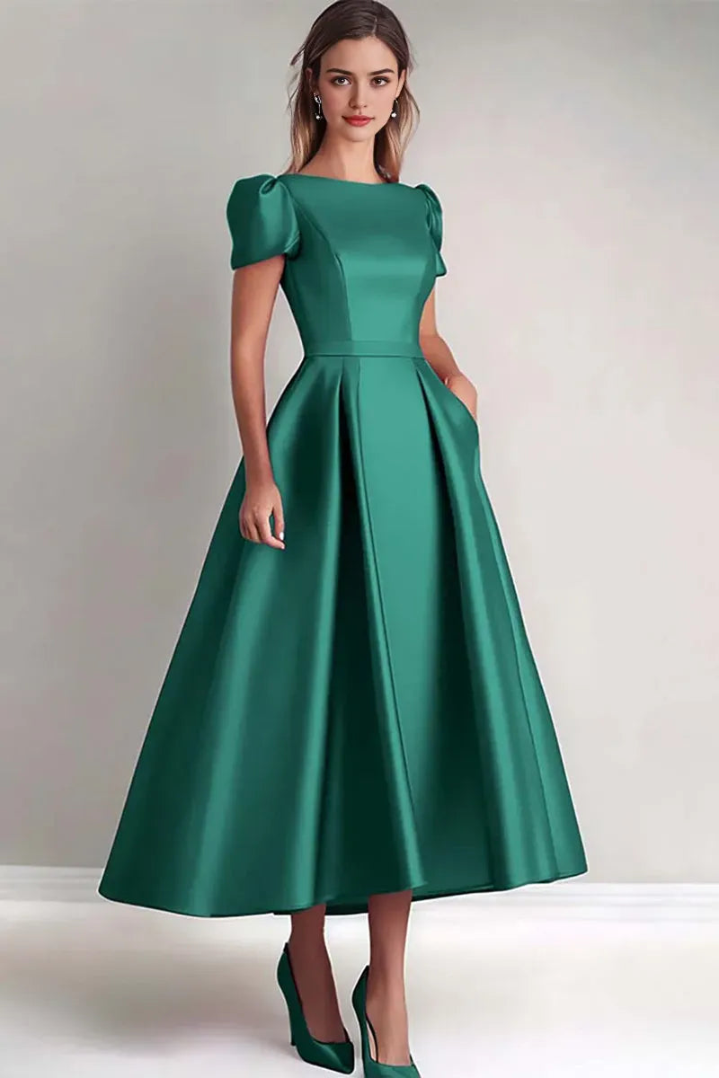 Dusk A Line Puff Sleeves Satin Mother of the Bride Dress ﻿