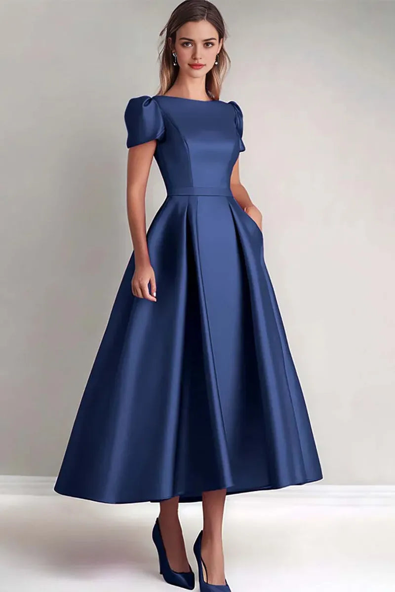 Dusk A Line Puff Sleeves Satin Mother of the Bride Dress ﻿