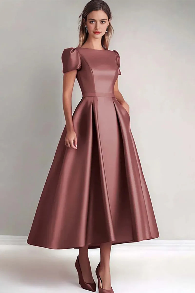 Dusk A Line Puff Sleeves Satin Mother of the Bride Dress ﻿
