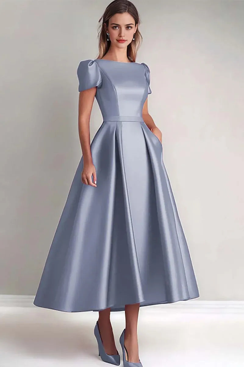 Dusk A Line Puff Sleeves Satin Mother of the Bride Dress ﻿