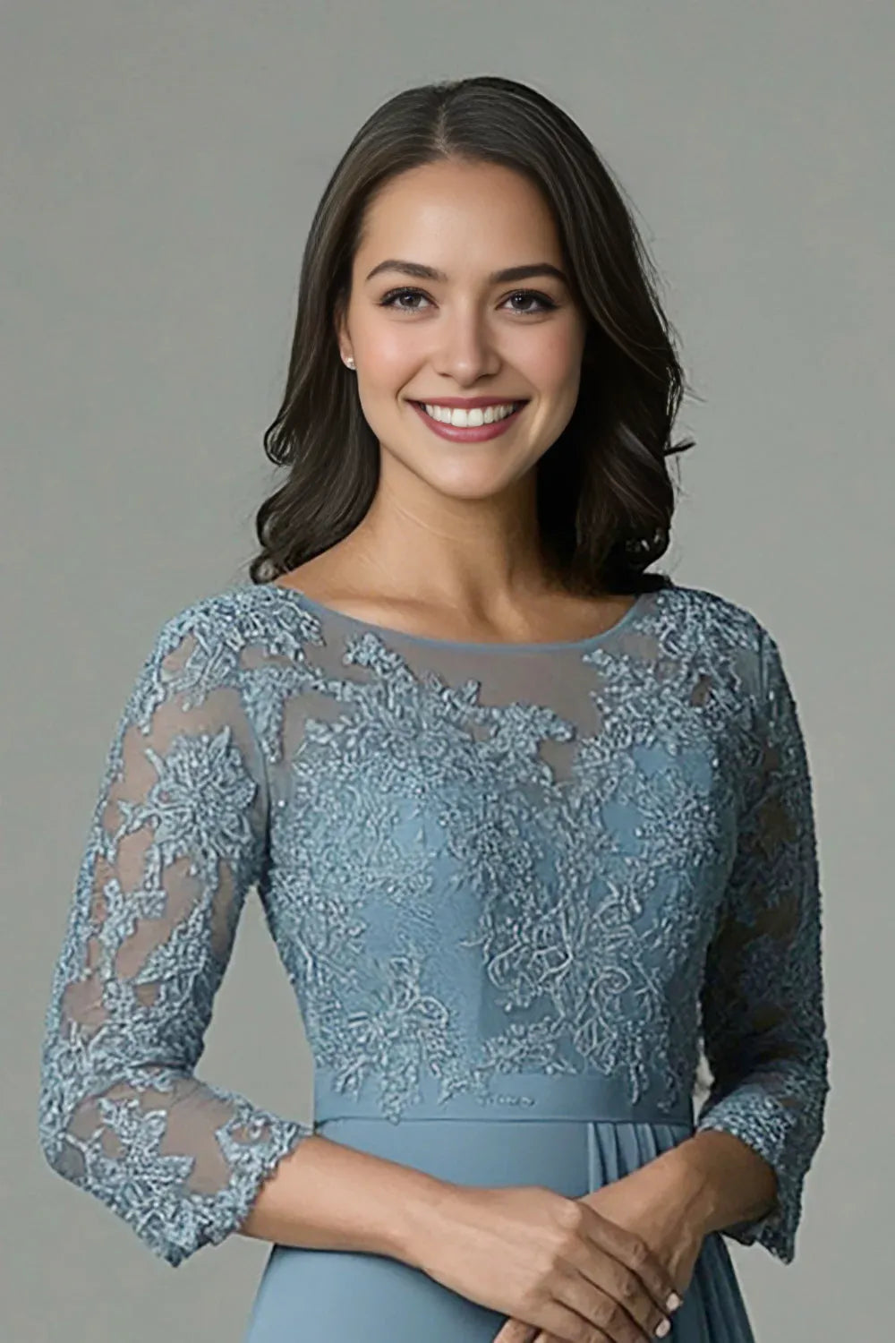 Dusty Blue 3/4 Sleeve Lace Chiffon Mother of The Bride Dress