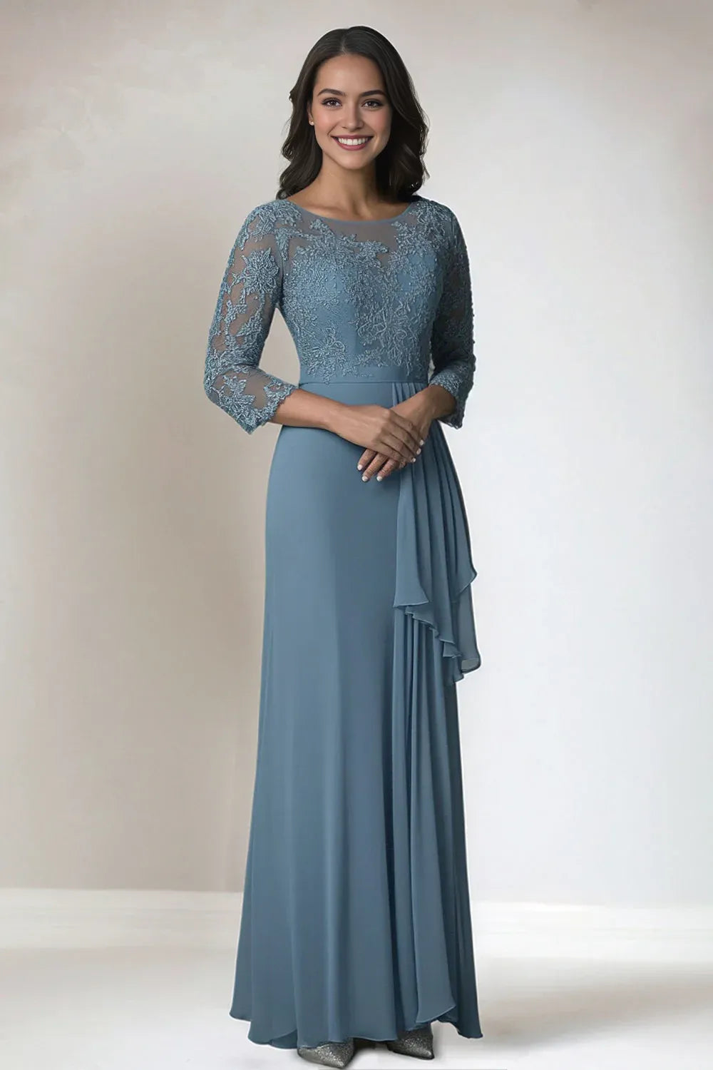 Dusty Blue 3/4 Sleeve Lace Chiffon Mother of The Bride Dress