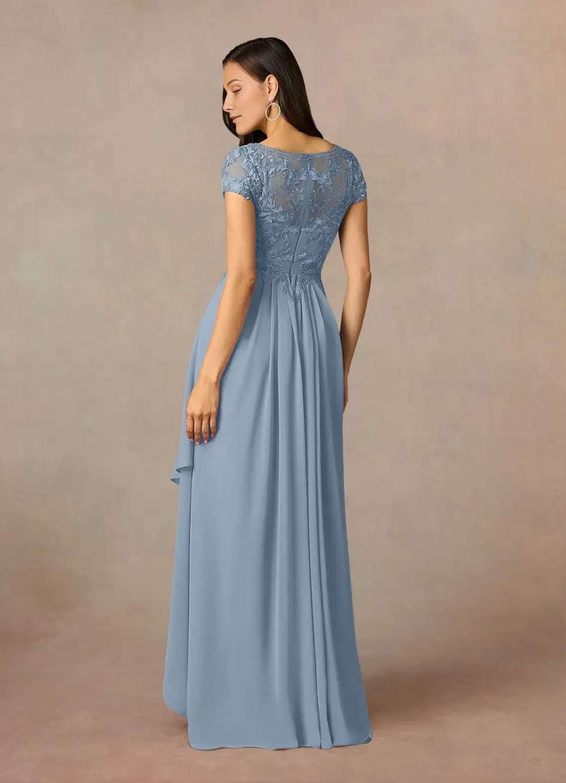 Dusty Blue A-Line Lace Chiffon Mother of the Bride Dress with Cap Sleeves Sheer Bodice and Asymmetric