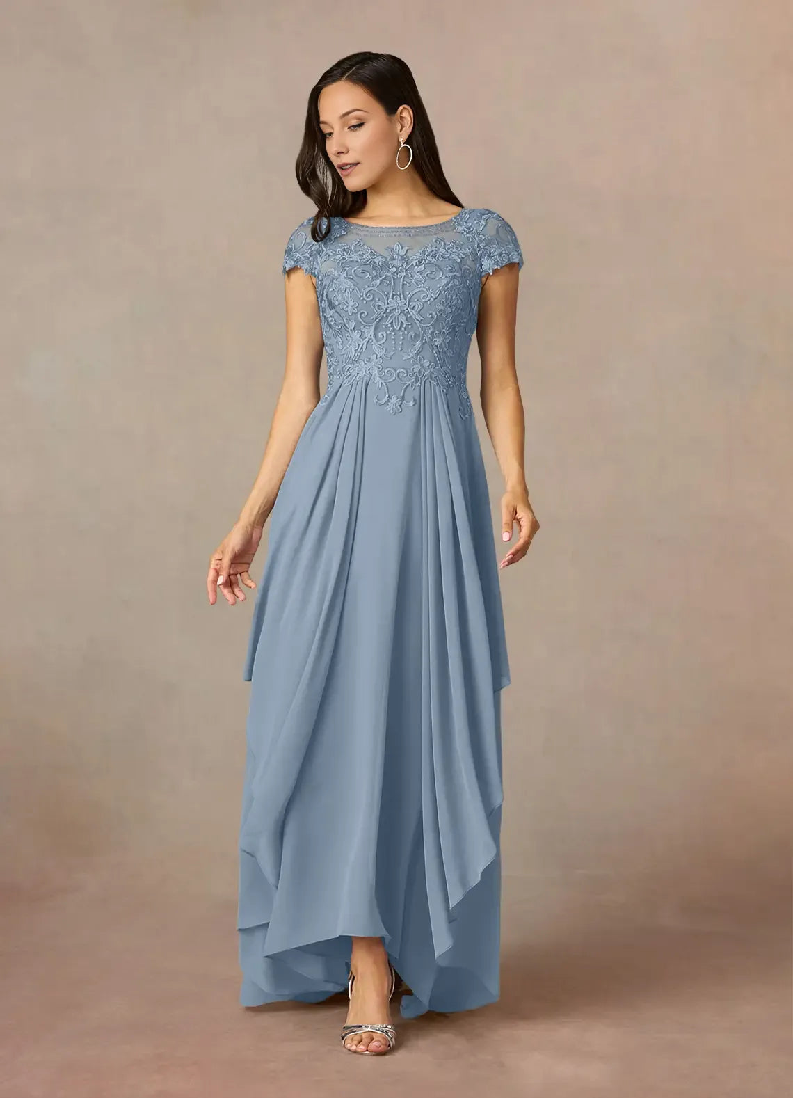 Dusty Blue A-Line Lace Chiffon Mother of the Bride Dress with Cap Sleeves Sheer Bodice and Asymmetric