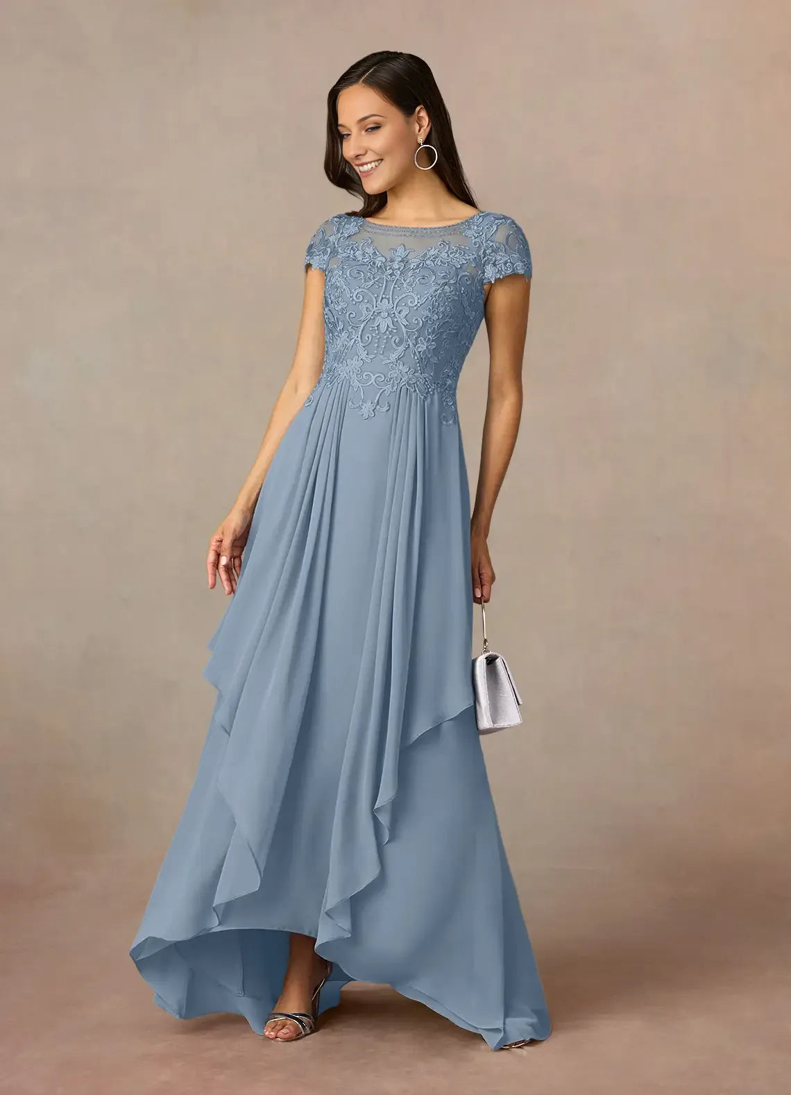 Dusty Blue A-Line Lace Chiffon Mother of the Bride Dress with Cap Sleeves Sheer Bodice and Asymmetric