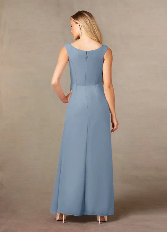 Dusty Blue A-Line Pleated Chiffon Mother of the Bride Dress with Boat Neckline Draped Ruched Bodice Beaded Embellishment and Side Slit