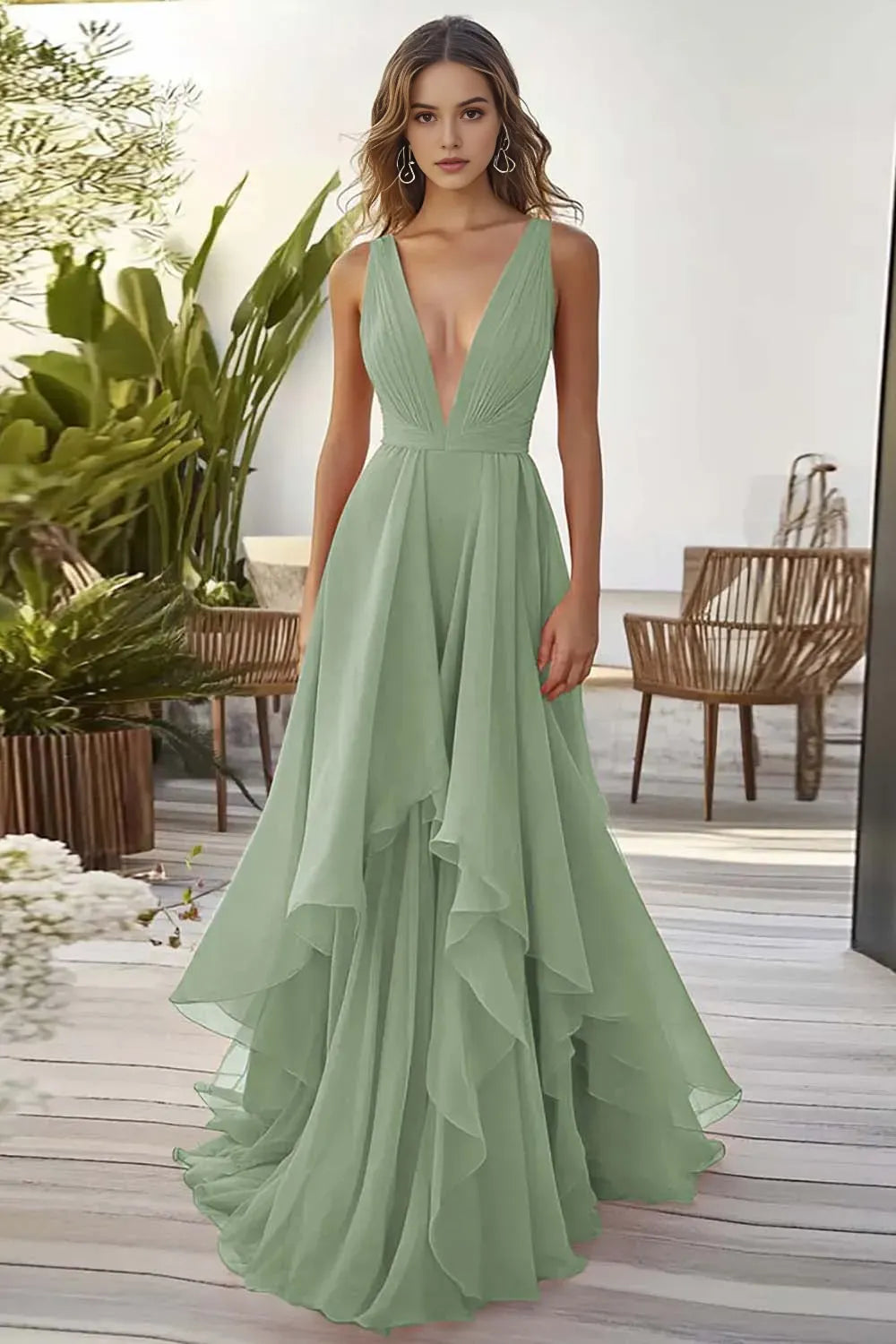 Dusty Blue Chiffon Deep V-Neck A Line Long Wedding Guest Dress with Ruffles