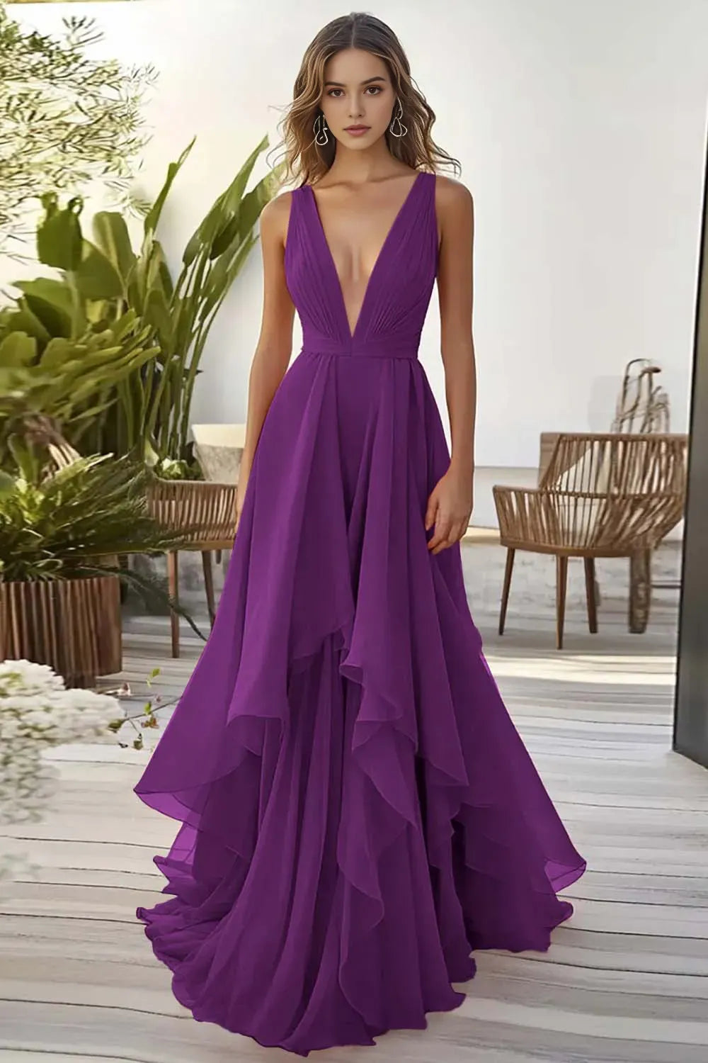 Dusty Blue Chiffon Deep V-Neck A Line Long Wedding Guest Dress with Ruffles