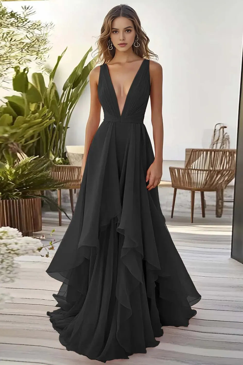 Dusty Blue Chiffon Deep V-Neck A Line Long Wedding Guest Dress with Ruffles