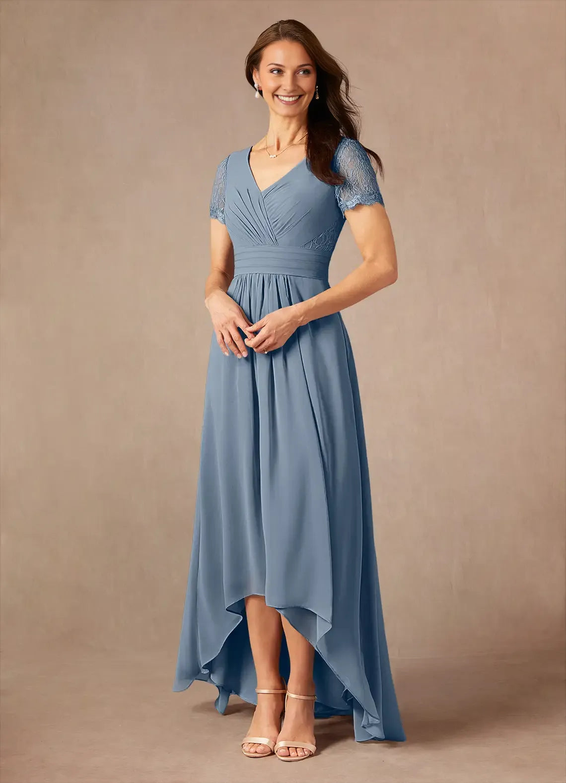 Dusty Blue Mother of the Bride Dress with V - Neckline Lace Trimmed Short Sleeves Ruched Waist and High - Low Chiffon