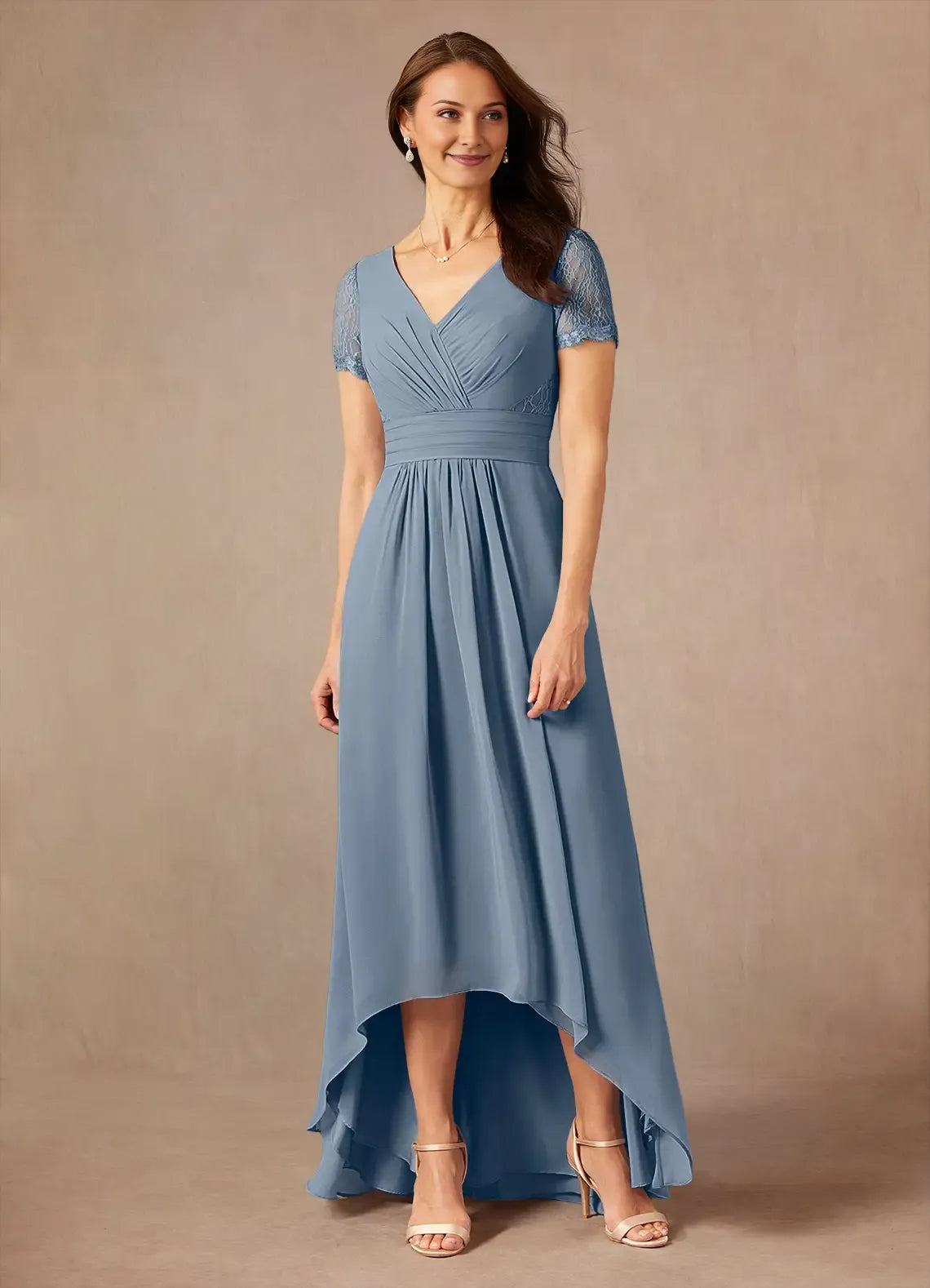 Dusty Blue Mother of the Bride Dress with V - Neckline Lace Trimmed Short Sleeves Ruched Waist and High - Low Chiffon