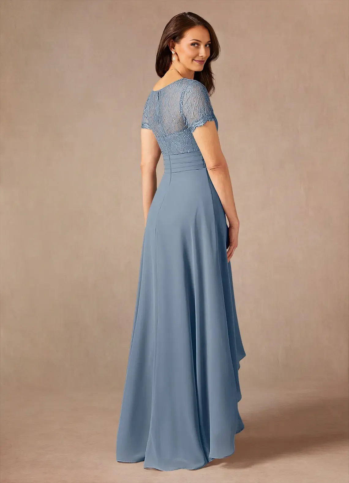 Dusty Blue Mother of the Bride Dress with V - Neckline Lace Trimmed Short Sleeves Ruched Waist and High - Low Chiffon